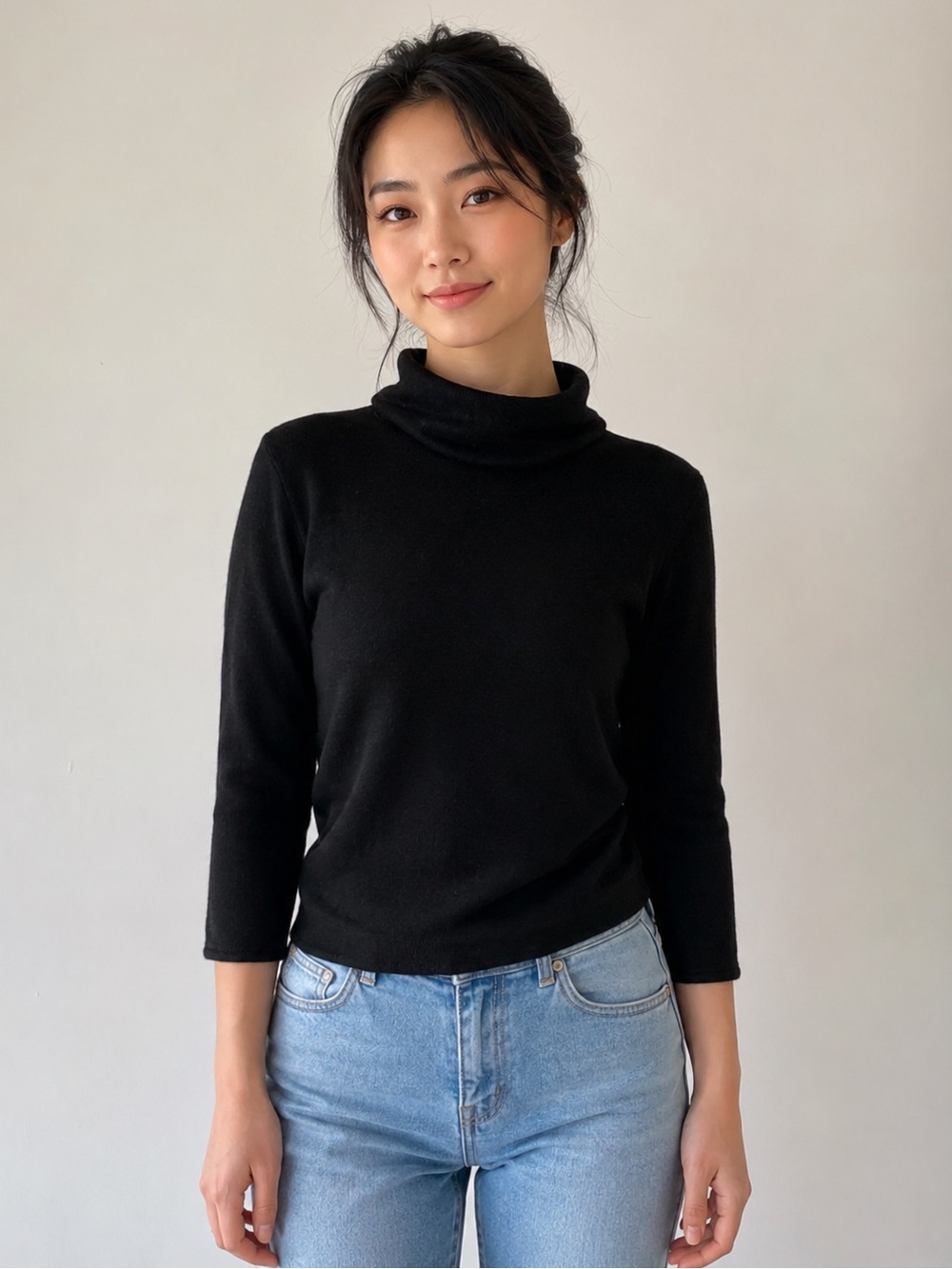 J.Crew Cashmere Mock Neck Sweater XS Black buttons 3/4 sleeve